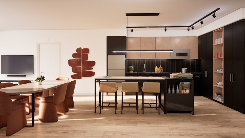 A modern, well-lit living room with an open floor plan leading to a kitchen. The space features a neutral color palette with beige and gray tones, a comfortable sofa, a coffee table, and a dining area with seating for four. Large windows allow natural light to fill the room, and contemporary decor adds to the inviting atmosphere